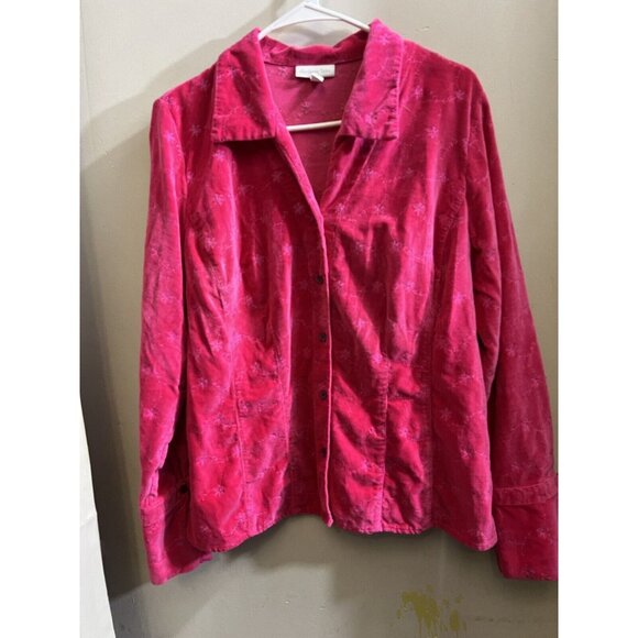 Northern Isles Womens Large Hot Pink Velvet Shacket Button Up Embroidered Cotton - Picture 1 of 8